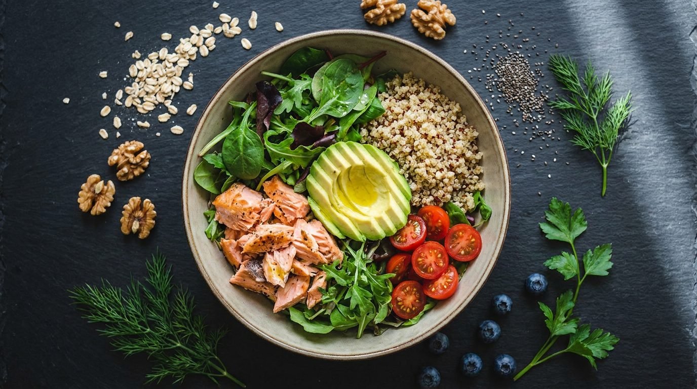 A cholesterol-friendly salmon and quinoa grain bowl with avocado and greens