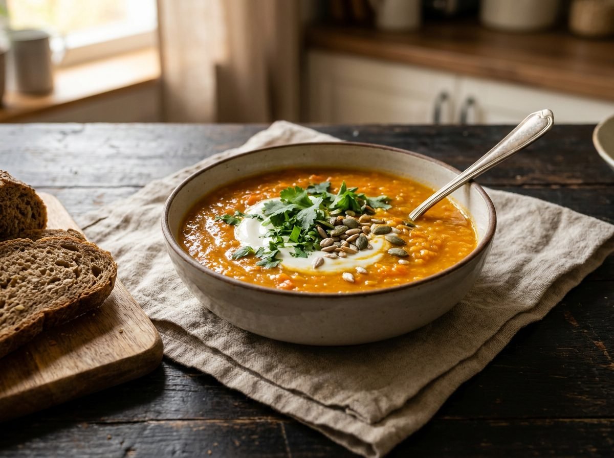 Carrot and red lentil soup — comforting cholesterol-friendly meal